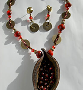Brass & orange glazed bead necklace 15"