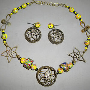 Brass 1/2 bead choker necklace w/ wire stars and yellow flower glass bead