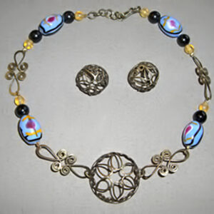 Brass 1/2 bead choker necklace w/ blue and black glass beads