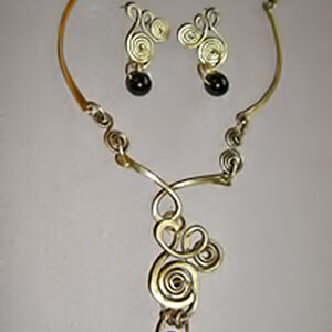 Brass forged wire curls w/ black & blue glass bead