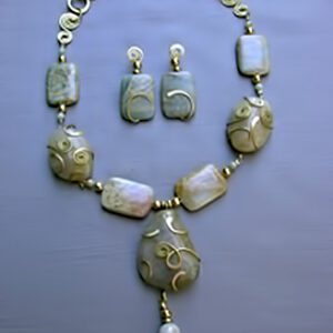 Brass wrapped agates w/ snake skin stone necklace