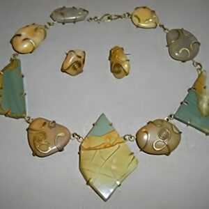 Brass necklace w/ picture jasper & wrapped agates