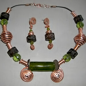 Copper roll-up beads w/ olive green glass bead & wooden beads