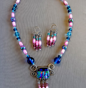 Silver with glass set pink and blue glass beads with hot pink crystals necklace