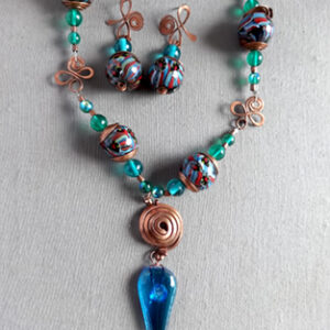 Copper coil necklace W/ drop aqua glass bead & picture glass 15mm beads