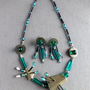 Brass and silver tri-angles necklace W/ aqua glass black beads & fresh water pearls