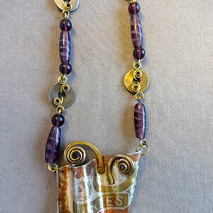 Huskie rolled silver brass & copper necklace W/ grape glass beads